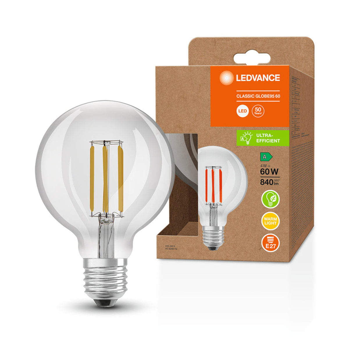 RENDL light source OSRAM ULTRA ECONOMY 210lm/W Globe 95   clear 230V E27 LED EQ60  3000K G13951 3