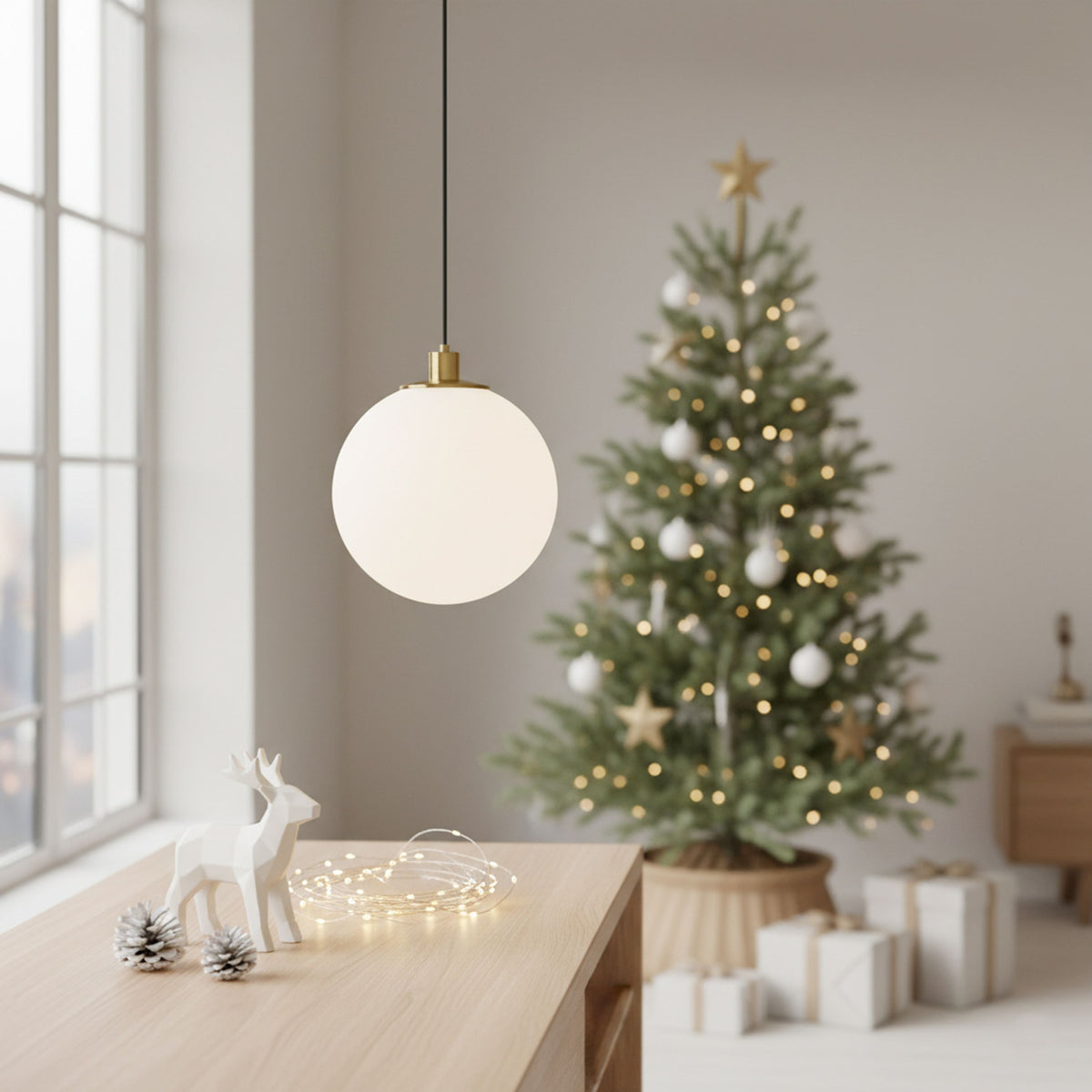 RENDL pendant lamp BOULDER 30 pendant opal-colored glass/brushed brass 230V LED E27 15W R14394 2
